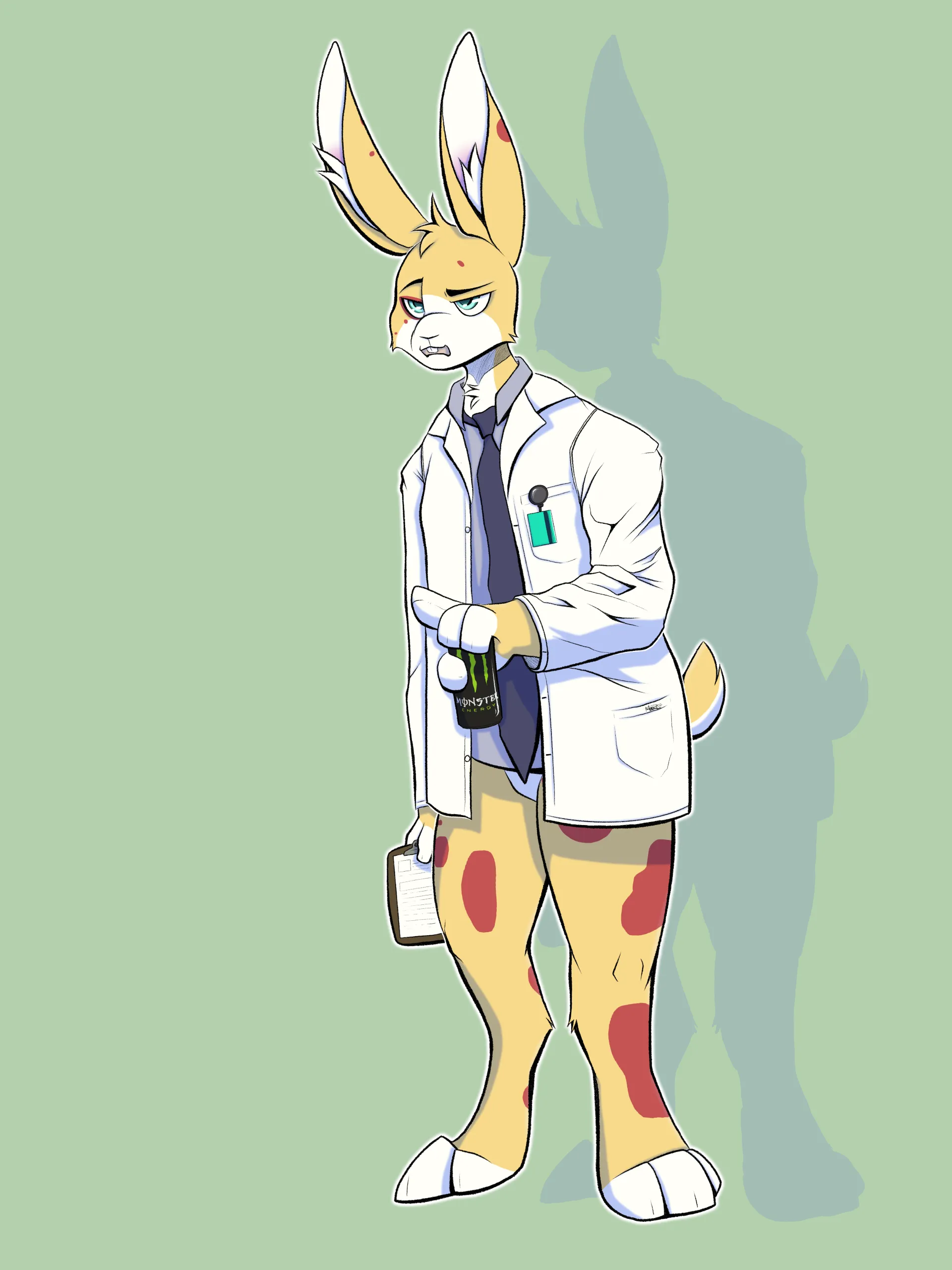 Oliver drawing — Oliver the spotted-hare holding an energy drink while criticizing work performance of a co-worker.